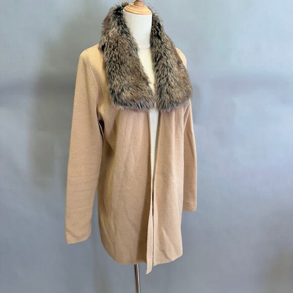 Anne Klein camel tan knit sweater jacket with faux fur collar Size medium - Picture 2 of 15